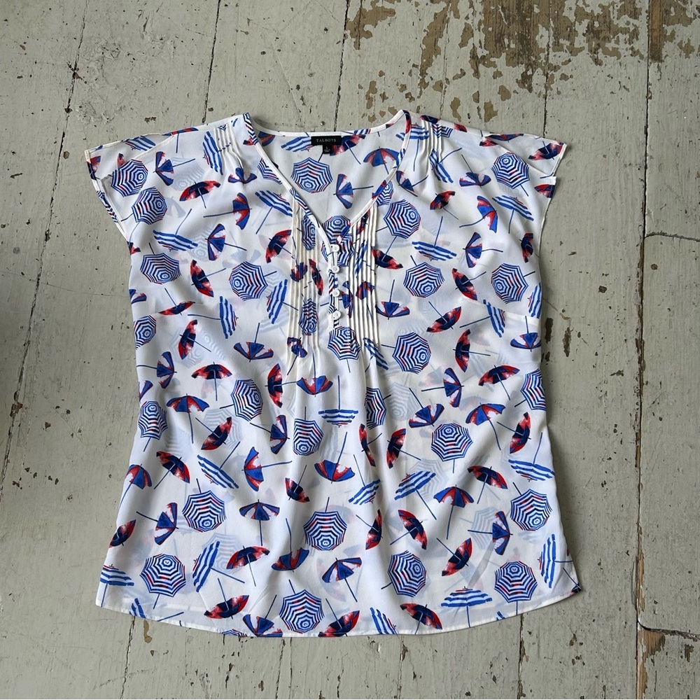 Talbots Novelty Beach Umbrella Print Pleated Popover Blouse Top